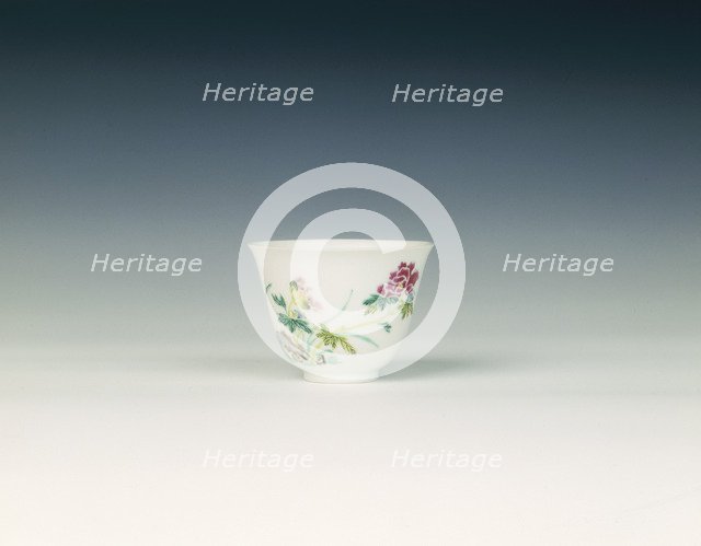 Small famille rose cup with peony and lillies, Qing dynasty, Yongzheng period, China, 1723-1735. Artist: Unknown
