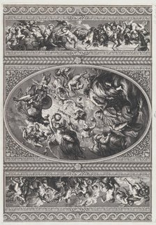 The apotheosis of James I in an oval at center, friezes with putti and garlands on either ..., 1720. Creator: Simon Gribelin.