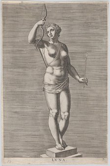 Plate 7: Diana; statue of the nude goddess standing on a socle, wearing a crescent moon in..., 1586. Creator: Philip Galle.
