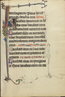 Initial L: Two Men Playing a Harp and a Hand Organ; Ruskin Hours, about 1300. Creator: Unknown.