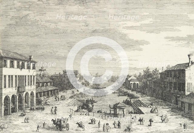 View of Mestre, an inn at left and other various buildings lining the canal, from 'View..., 1735-46. Creator: Canaletto.