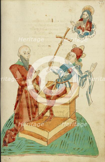 A Pagan Scholar before Josaphat, who Gestures to God the Father in Heaven, 1469. Creators: Hans Schilling, Diebolt Lauber.