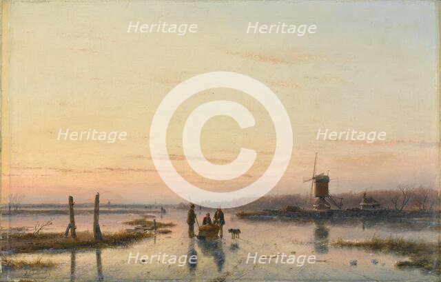 Windmill beside a frozen river, 1860-1862. Creator: Andreas Schelfhout.