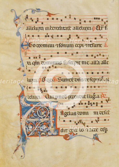 Manuscript Leaf with Foliated Initial A, from an Antiphonary, Italian, 14th century. Creator: Unknown.