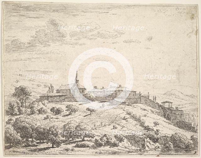 Walled village on a hill, with church at left and buildings constructed on the downslope a..., 1658. Creator: Karel Du Jardin.