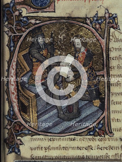 Initial E: King Edward III granting the Black Prince the principality of Aquitaine, c1386-c1399.  Creator: Unknown.