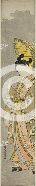 Young man holding umbrella and lantern, c. 1769. Creator: Torii Kiyomitsu.