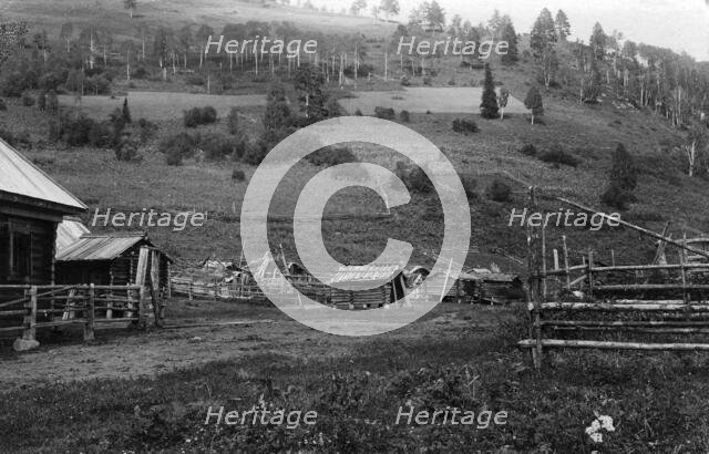 Farm Structures in the Ulus Kumys and a Ploughed Field on the Slope, 1913. Creator: GI Ivanov.