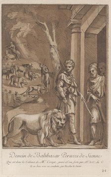 A shepherd holding a lion on a leash in the foreground, in the middle ground the sh..., ca. 1729-64. Creators: Caylus, Anne-Claude-Philippe de, Nicolas Le Sueur.