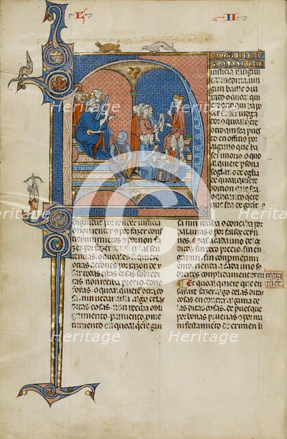 Initial N: King James I of Aragon Overseeing a Court of Law; Vidal Mayor, about 1290-1310. Creators: Unknown, Michael Lupi de Çandiu.
