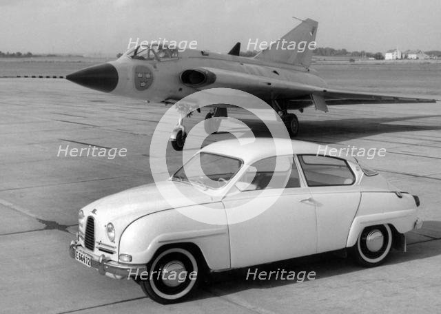 1960 Saab 96 and Saab 35 Draken Jet Fighter. Creator: Unknown.