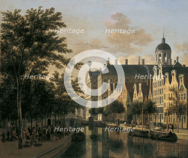 The Nieuwezijds Voorburgwal with the Flower Market, Amsterdam. Artist: Berckheyde, Gerrit Adriaensz (1638-1698)