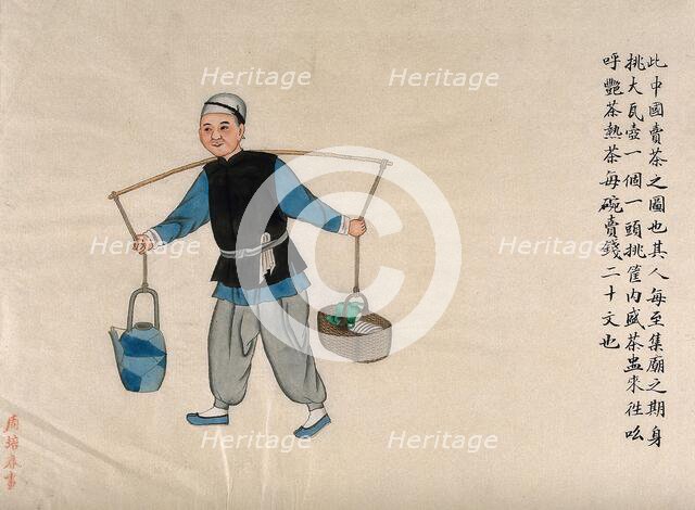 A tea seller: a kettle and a basket containing teapot and bowls are hanging from a bamboo..., 1890. Creator: Pei Qun Zhou.