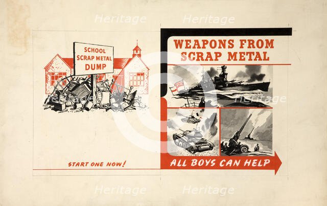 'School scrap metal dump - start one now! Weapons from...', WWII poster, between 1939 and 1946. Creator: Central Office of Information.