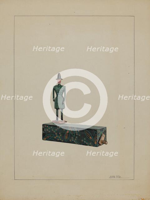 Toy - Man on Music Box, c. 1936. Creator: John Fisk.