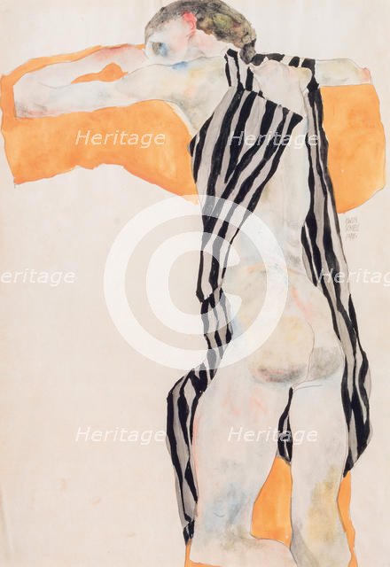 Reclining Nude Girl in Striped Smock, 1911. Creator: Schiele, Egon (1890-1918).