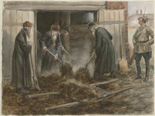 Russian clergy shoveling hay: September 1918 (from the series of watercolors Russian revolution), 19 Artist: Vladimirov, Ivan Alexeyevich (1869-1947)