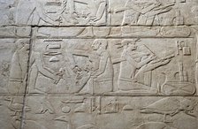 Feeding a cow and scribe relief, Mastaba of Kagemni, Saqqara, Egypt, 2350 BC (2003). Creator: Unknown.