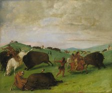Buffalo Chase, Bulls Making Battle with Men and Horses, 1832-1833. Creator: George Catlin.