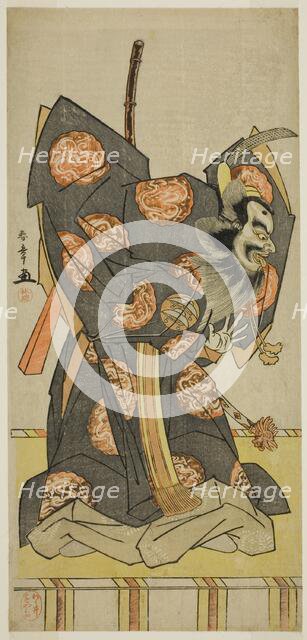 The Actor Nakajima Mihoemon II as Shujaku Tenno in the Play Masakado Kammuri no..., c. 1777. Creator: Shunsho.