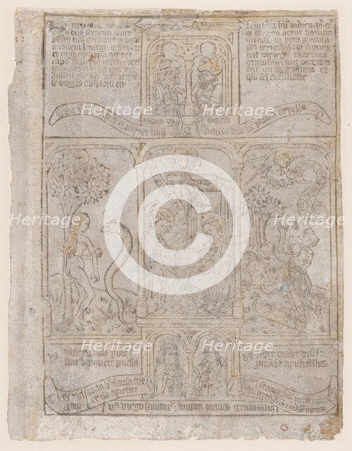 The Annunciation, flanked by Eve and the Serpent and Gideon's Fleece, from a Biblia Pa..., ca. 1465. Creator: Anon.
