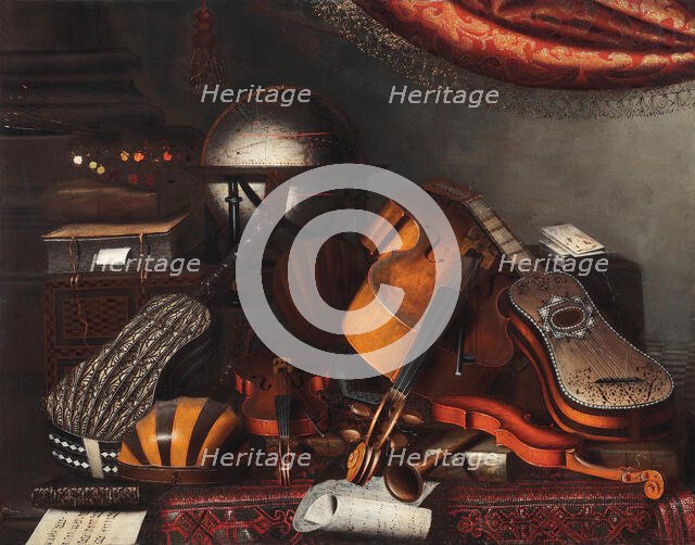 Musical instruments, a globe, books, playing cards and a painter's palette. Creator: Bettera, Bartolomeo (1639-c. 1688).