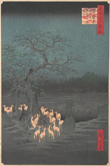 Shozokuenoki Tree at Oji: Fox-fires on New Year's Eve, 1857., 1857. Creator: Ando Hiroshige.