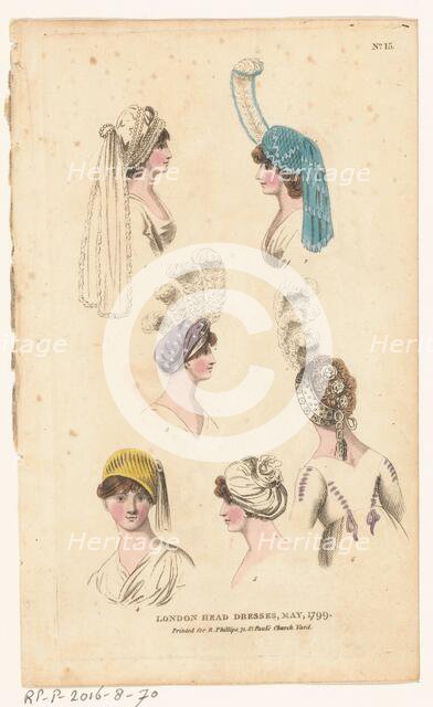 Magazine of Female Fashions of London and Paris, No. 15: London Head Dresses, May, 1799, 1799. Creator: Unknown.