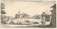 Plate 6: view of a village with a horse trough in center, horses and houses to either s..., 1636-61. Creator: Francois Collignon.