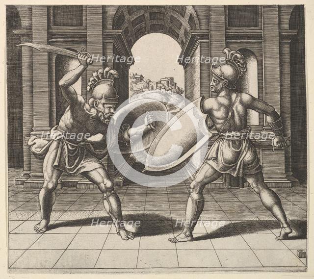 Two gladiators fighting in front of an arch, 1530-60. Creator: Master of the Die.
