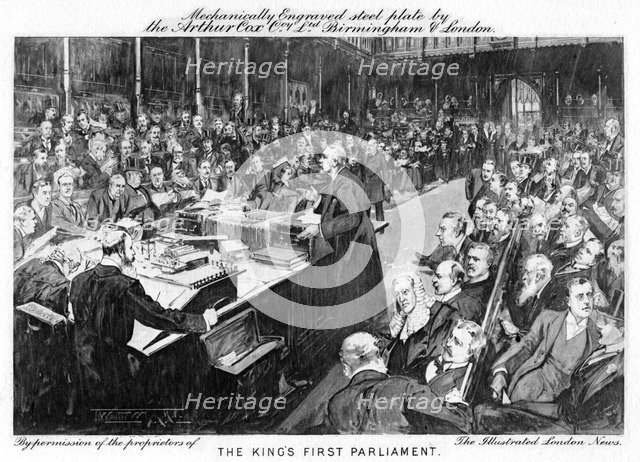'The king's first parliament', 1902-1903. Artist: Arthur Cox Illustrating Co
