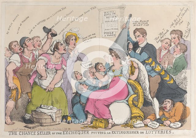 The Chance Seller of the Exchequer Putting an Extinguisher on Lotteries, Sep..., September 18, 1823. Creator: Thomas Rowlandson.