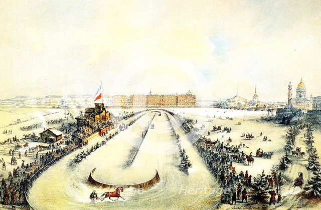 Horse racing on the frozen Neva River in St Petersburg, Russia, 1859.  Artist: Iosif Adolfovich Charlemagne