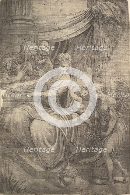 The Holy Family, an angel holding flowers approaching from the right, ca. 1550-53. Creator: Andrea Schiavone.