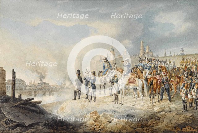 Napoleon and his staff on a hill before the burning Moscow, 1812-1814.
