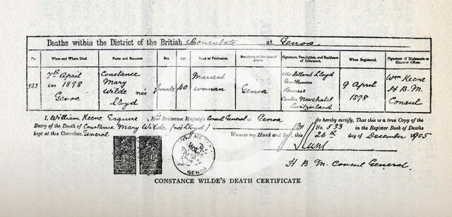 Constance Wilde's death certificate, 1898. Creator: Unknown.