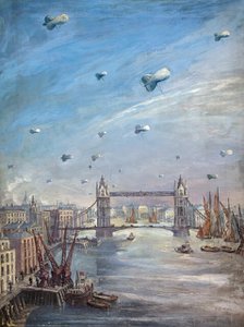 Barrage balloons over the Thames, between 1939 and 1946. Creators: Central Office of Information, Eve Kirk.