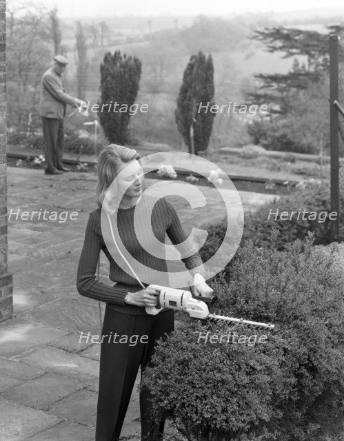 Woman using Stanley electric garden shears, 1965. Artist: Michael Walters