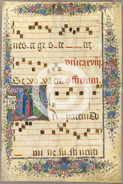 Page from a Choirbook with Christ and a Pharisee in a Historiated Initial "D", 1430/90. Creator: Master of the Cypresses.