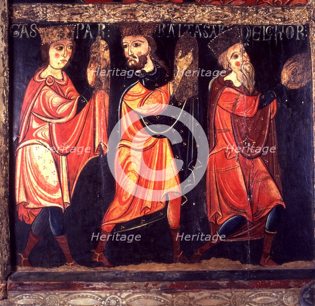 The three kings, detail of the Avià front, from the Church of St. Mary of Avià in Berguedà. Paint…