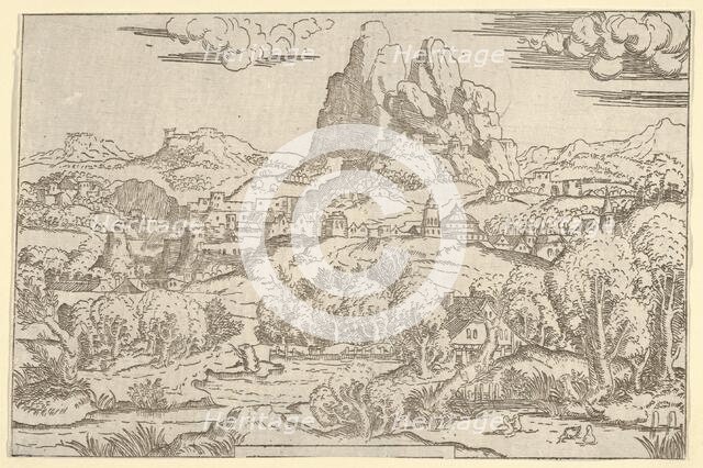 Landscape from "Venus Pushing Cupid" frame, 1540-45. Creator: Antonio Fantuzzi.