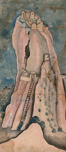 Men climbing a large cliff to reach the fortress on top, (between 1800 and 1899?). Creator: Unknown.