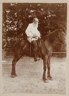 Portrait of the author Count Lev Nikolayevich Tolstoy (1828-1910) on horseback.