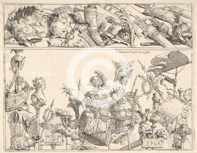 Roman arms, standards, and trophies, a composition divided into two horizontal bands, 1774. Creator: Giovanni Battista Tiepolo.