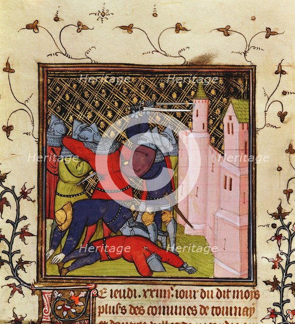 Hand-to-hand fighting with swords in defence of a castle, 14th century. Artist: Unknown