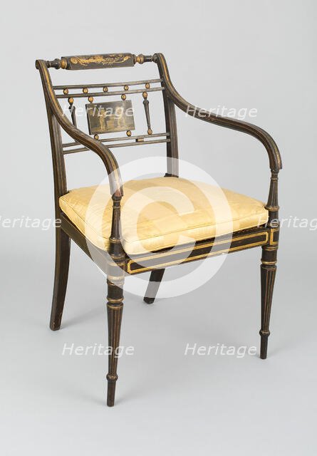 Armchair with Tablet: Putti at Vulcan's Forge, England, c. 1790/1800. Creator: John Gee.