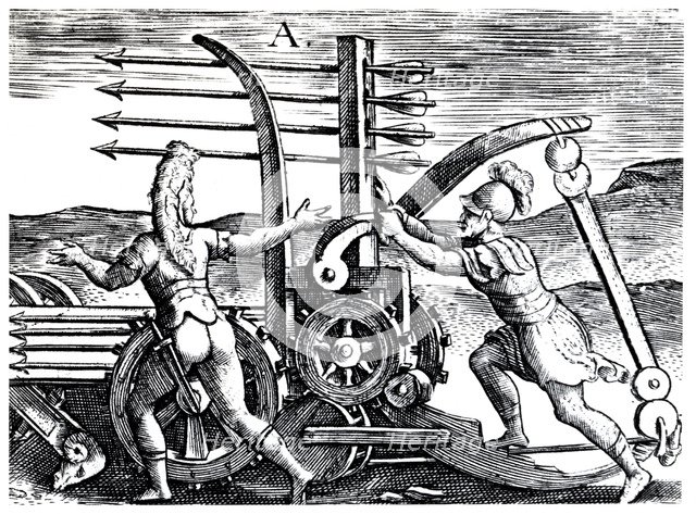 Roman soldiers using a war engine firing multiple arrows, 1605. Artist: Unknown