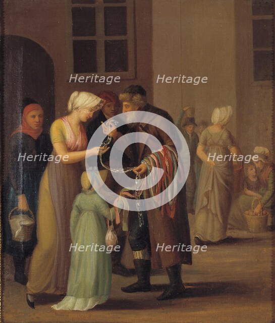 Street scene in Copenhagen, young woman buying lace from a Jewish trader, 1798-1802. Creator: Unknown.
