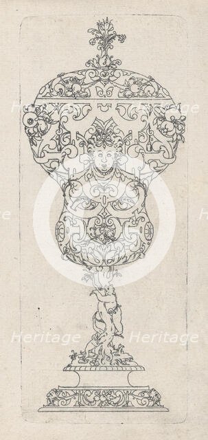 Covered Goblet, Pear shaped bidy on shaft og twisted tree-trunk with bear treed by dog,.n.d., n.d.. Creator: Jonas Silber.