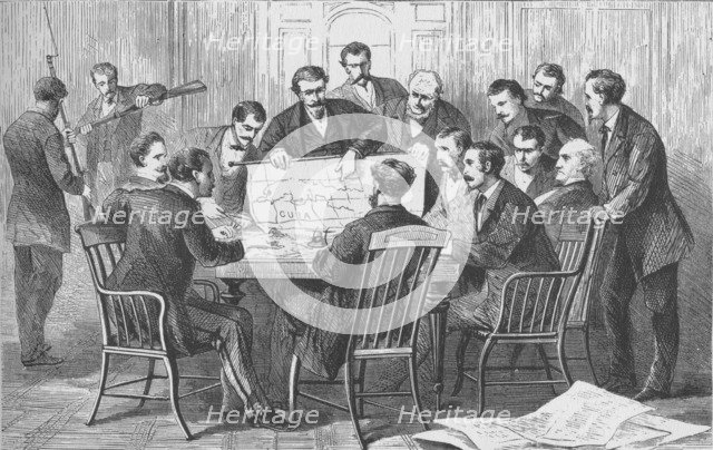 'The Cuban insurrectionists's meeting in their headquarters, on the corner of Rector Street and Broa Artist: Theodore R Davis.